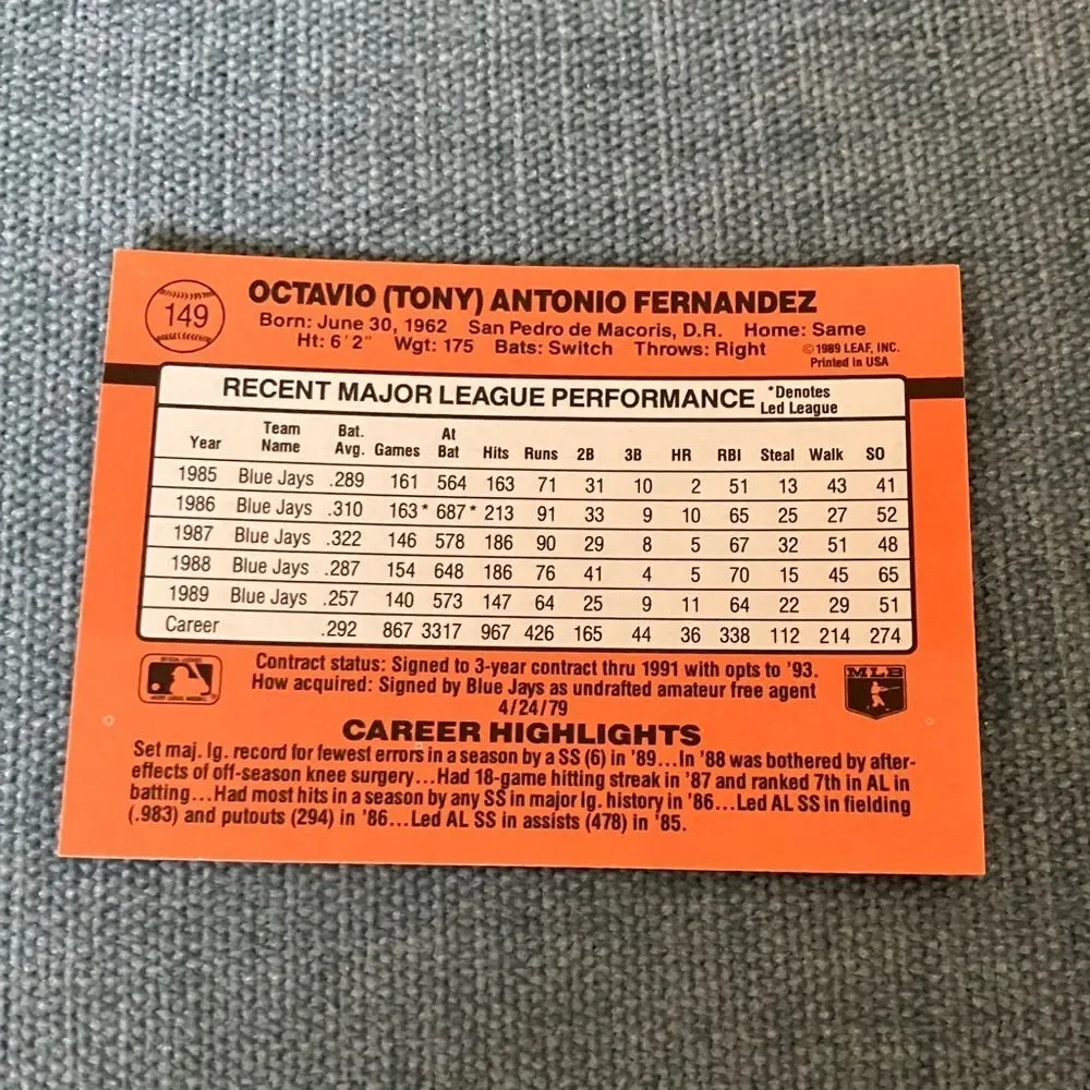 1990 Donruss Toronto Blue Jays Baseball Card Trading Card